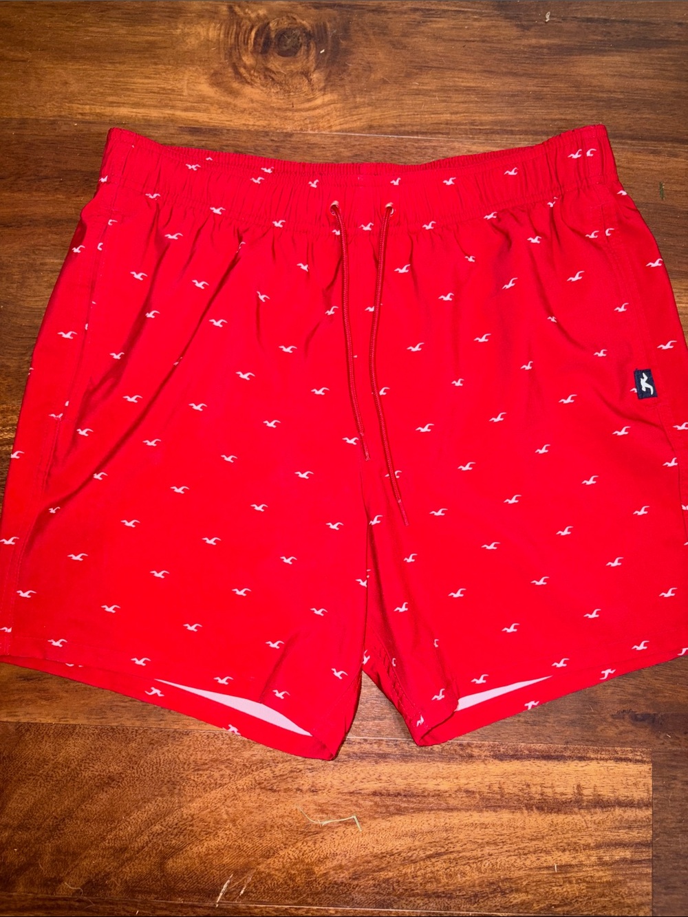 Hollister Men's Medium Lined Red Swim Shorts White Seagull Print Cali Stretch